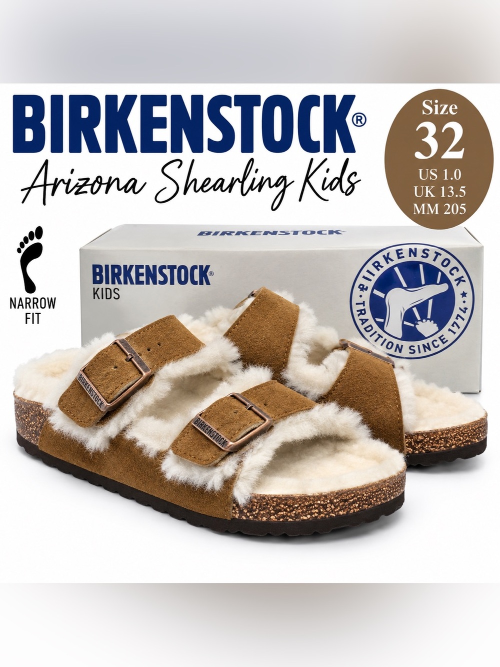Birkenstock Brown Mink Suede/Shea Slip-On Sandal Girls Size 1 - New With Box